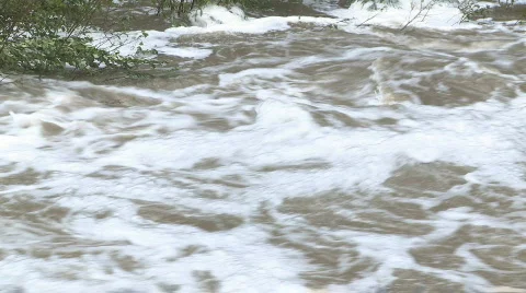 Froth on flooded, brown river Stock Footage 878344