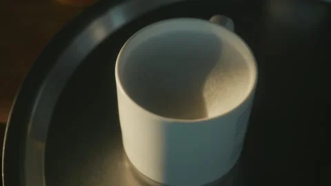 Frothy warm milk at a cafe. Shadows of people Stock Footage 260533454