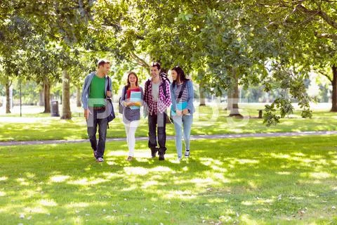Froup of college students walking in the park Stock Photos