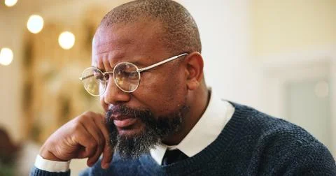 Frown, problem solving and thinking with business black man in office for Stock Photos