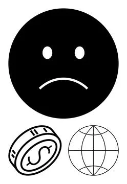 Frowning face expressing concern, coin representing money, and globe showing  Stock Illustration