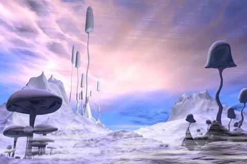 Frozen Alien Landscape with Dramatic Sky Stock Illustration