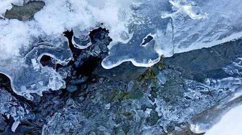 Frozen amazing patterns of water and ice on the Carpathian river Stock Photos