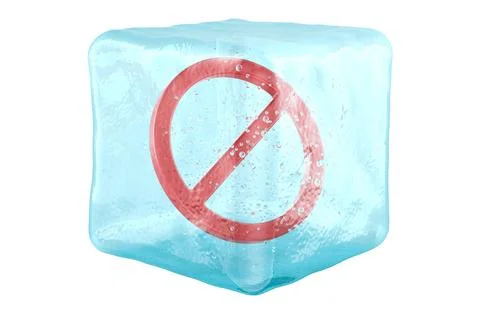 Frozen ban, concept. Ice cube with prohibition symbol, 3D rendering Stock Illustration