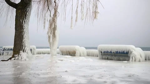 Frozen benches at the lakeside Stock Footage 86873343