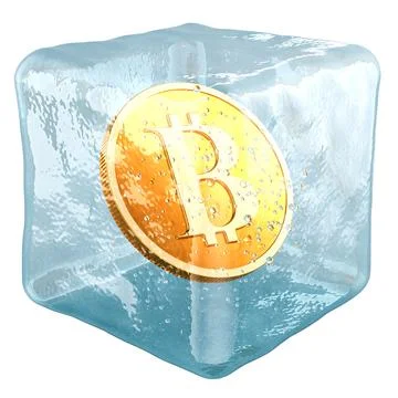 Frozen bitcoin, concept. Bitcoin in ice cube, 3D rendering Stock Illustration