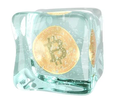 Frozen bitcoin, concept. Bitcoin symbol in ice cube, 3D rendering Stock Illustration
