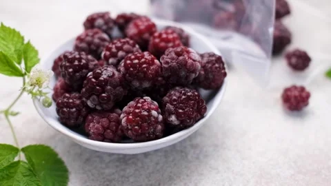 Frozen blackberries spilling from a plastic bag Stock Footage 335871888