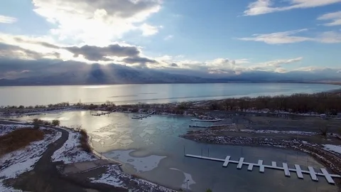 Frozen Boat Harbor Dive with Sunset and Lake Vídeos de archivo 70866852