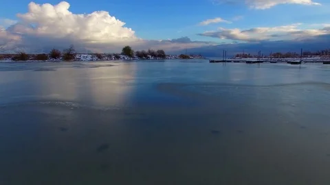 Frozen Boat Harbor Low Flyover Closeup Vídeos de archivo 77113049