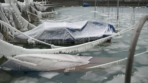 Frozen boats in a harbor Stock Footage 86873661