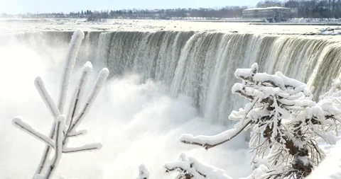 Frozen branches covered in ice in front of Niagara falls during the winter Stock Footage 229599027