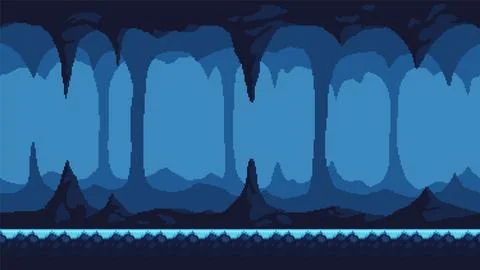 Frozen cave pixel art background for retro 2D video game Stock Illustration
