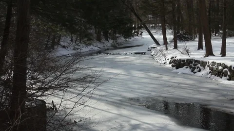 A frozen Connecticut River in Winter, with thin snow covering Stock Footage 89307261