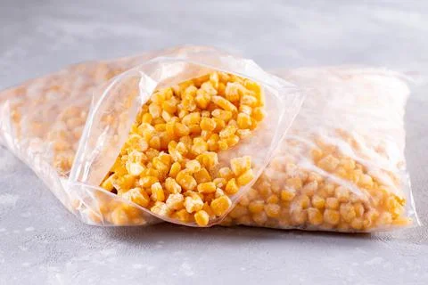 Frozen corn in a plastic bag for long term storage Stock Photos