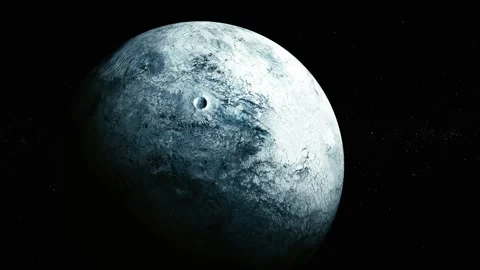Frozen cratered planet or moon floating in dark space with a rough icy surf.. Stock Footage 340383084