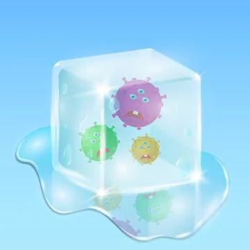 Frozen in a cube of ice, evil and sad microbes. Water and drops everywhere... Stock Illustration