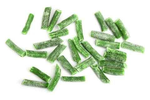 Frozen cut green beans vegetable isolated on white background. Top view. Flat Foto stock