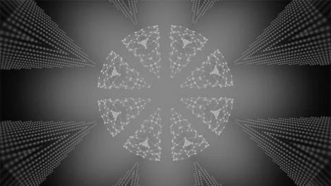 Frozen dance of lines and dots connections beaming over dark background. 스톡 일러스트