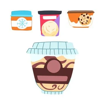 Frozen dessert containers displaying various flavors and packaging design イラスト素材