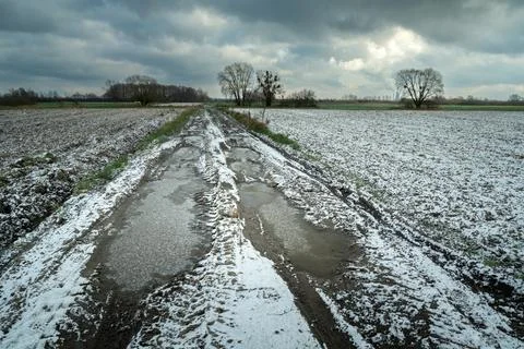 Frozen dirt road between fields and cloudy sky, eastern Poland Stock Photos
