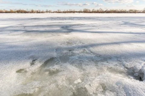 Frozen Dnieper River in Kiev, Ukraine, During Winter 写真素材