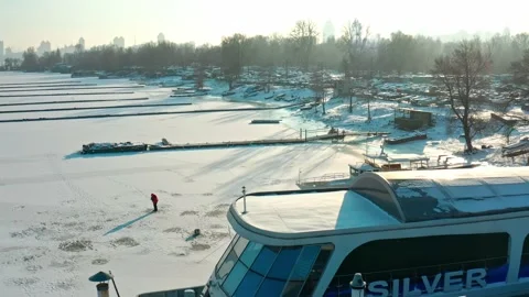 Frozen Dnipro river in winter. Kyiv. Ukraine Stock Footage 166555851