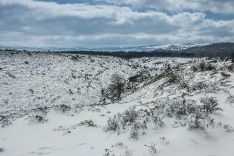 Frozen fields in Winter, Delika river Orduna, Basque Country Stock Photos