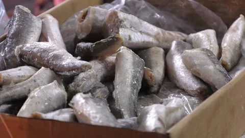 Frozen fish in a box without heads. Stockbeeldmateriaal 196268695