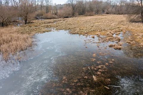 Frozen floodplain from drone perspective in winter. 写真素材