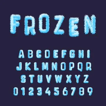 Frozen font alphabet template. Set of blue white hoarfrost numbers and letter Stock Illustration