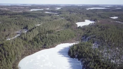 Frozen forest lakes in springtime landscape aerial shot Stock Footage 152760802