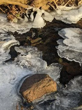 Frozen Forest Stream and Rocks in Winter Under Afternoon Sunlight 스톡 사진