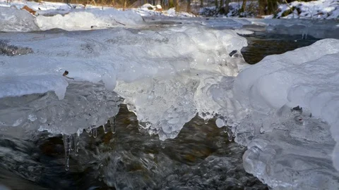 Frozen forest stream in winter Stock Footage 86994137