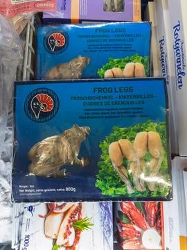 Frozen Frog Legs Packaged for Culinary Use Stock Photos