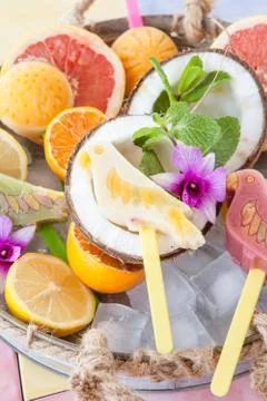 Frozen fruit popsicles Stock Photos