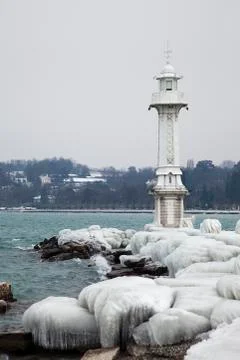 Frozen Geneva Lighthouse Stock Photos