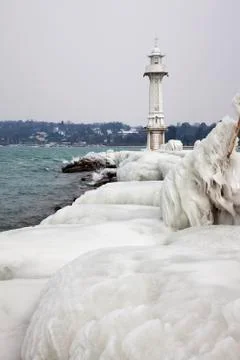 Frozen Geneva Lighthouse Stock Photos