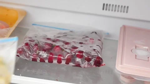 Frozen grapes stored in a plastic bag in a refrigerator Stock Footage 345186566