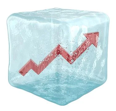 Frozen growth arrow in ice cube. Economic growth freeze or inflation coolin.. Stock Illustration