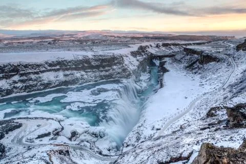 Frozen Gullfoss sunset Stock Photos