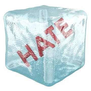 Frozen HATE, word hate inside ice cube. 3D rendering isolated on white back.. Stock Illustration