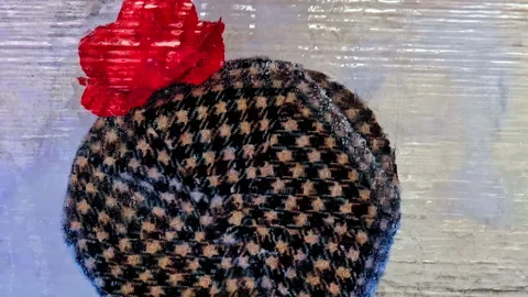 Frozen houndstooth-patterned hat encased in ice, evoking nostalgia and mystery Stock Footage 304404142