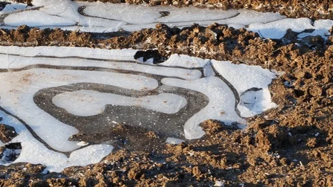 Frozen Ice Covered Puddle. The first autumn frost. Stock Footage 120308222