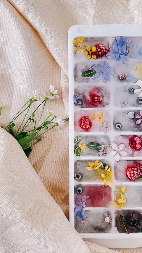 Frozen ice cubes, fruit, flowers, flower ice cubes, still life, Stock Footage 278422207
