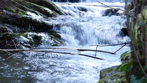 Frozen icicles on a mountain stream in the morning Video stock 70355929