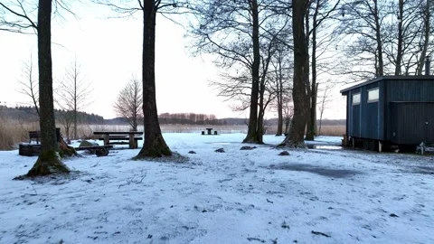 Frozen Lake and Forest in Lithuania with Distant Buildings Stock Footage 316074230