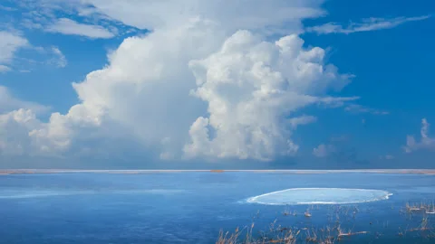 Frozen lake at the bright cold day Stock Footage 246803589