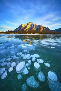 Frozen Lake Methane Bubbles and Snowy Mountains Under Blue Winter Sky 스톡 사진