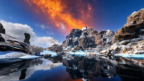 Frozen Lake Reflecting Galactic Light - Mystical 4K Animation Loop Stock Footage 306126849